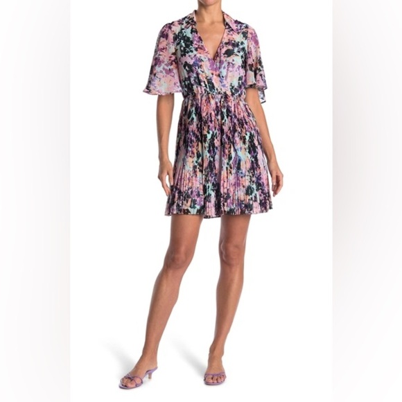 Laundry by Shelli Segal Floral Flutter Sleeve Pleated Mini Dress 12, Multicolor - Picture 1 of 8